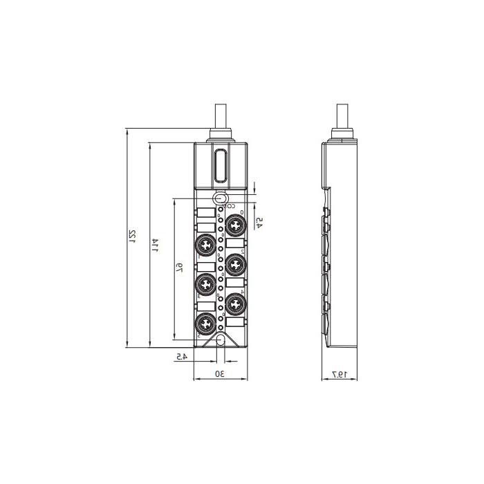 M8接线盒-单通道- NPN型 - 6端口-一体化-带LED - PVC非柔性电缆-灰色护套- 23N621-XXX