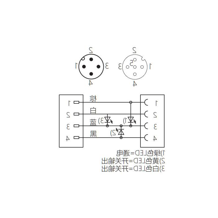 M12 4Pin、母头90°带LED灯转M12公头直型、双端预铸防焊渣PUR柔性电缆、橙色护套、64T123-XXX